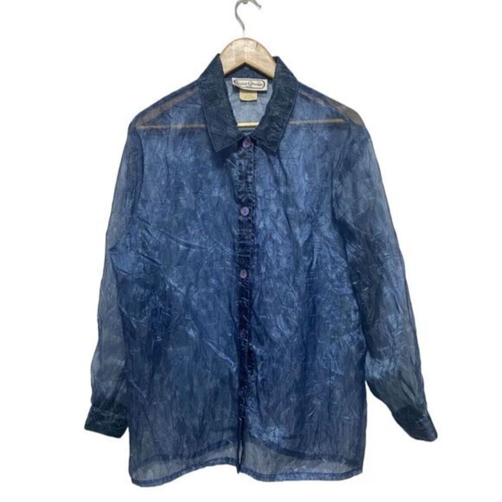 Saint Germain Paris VTG Blouse Womens L‎ Blue Sheer Long Sleeve Button Metallic